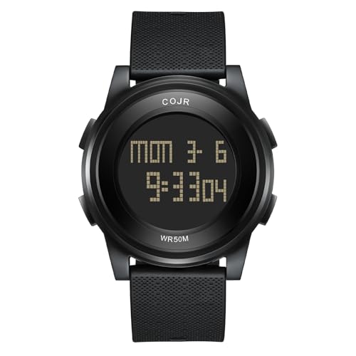 [COJR] 腕時計 デジタル ランニングウォッチ 超薄型腕時計 5ATM防水 多機能付き 腕時計 メンズ スポーツウォッチ 日付 曜日 アラーム ストップウォッチ LEDライト デュアルタイム シンプル アウトドア おしゃれ 男女兼用 文字が大きくて見やすい (ブラック)